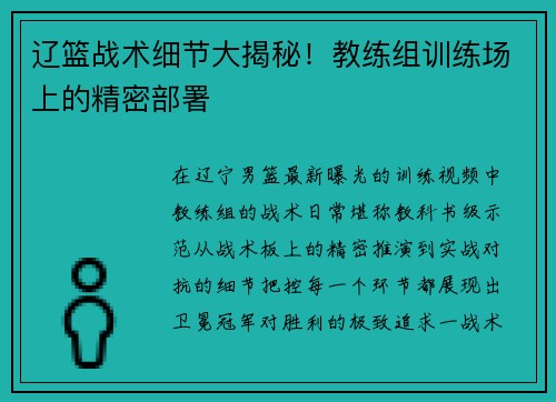 辽篮战术细节大揭秘！教练组训练场上的精密部署